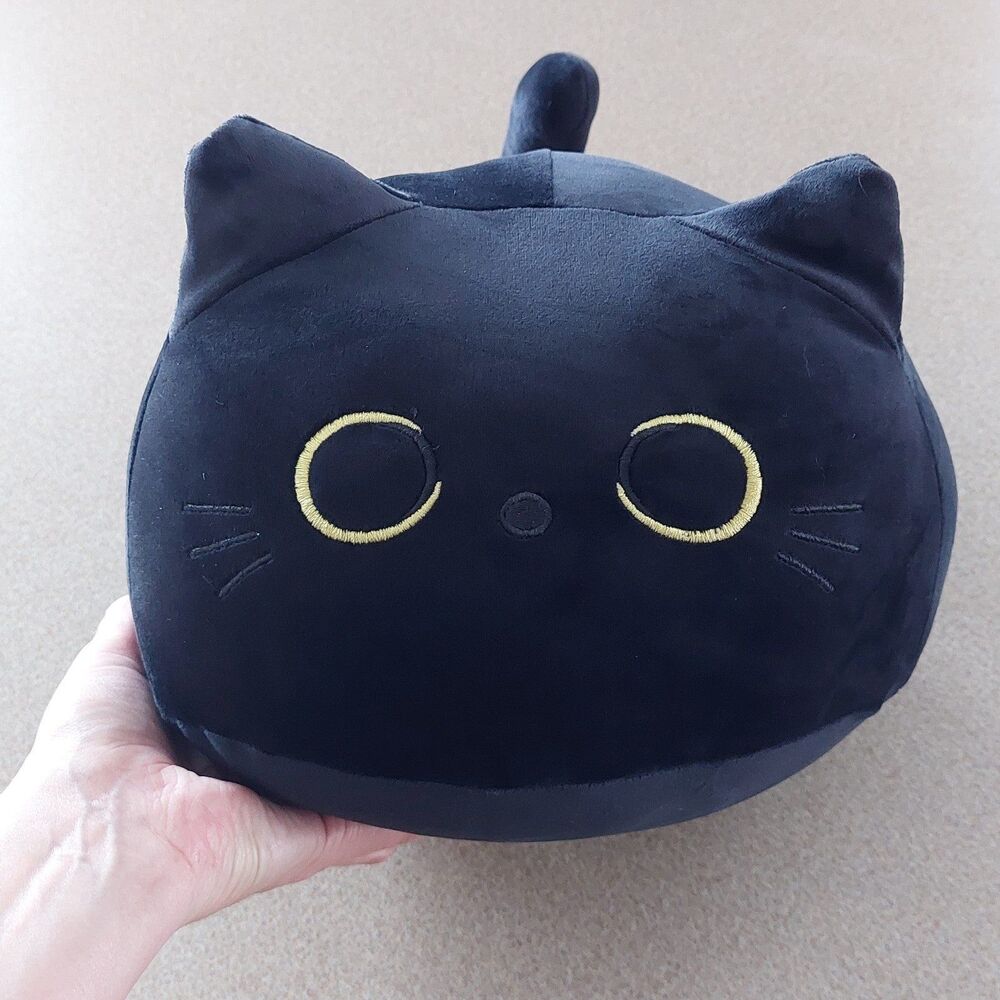 Large Black Cat Round Plush Pillow 11" Stuffed Animal SOFT & Squishy Kitty Goth